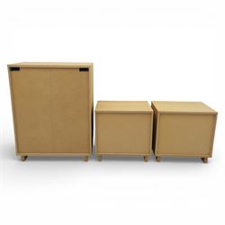 Ikea - 'Oppland' modern oak veneered chest of drawers and a pair of matching bedside chests, with moulded handles across the full width of the drawer, raised on block feet, Bedside tables (H 57cm, D 50cm, W 60cm) 