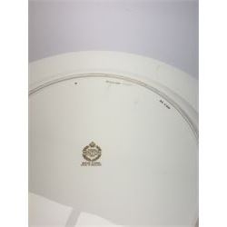 Large Minton cabinet plate, with central hand painted panel of Windsor Castle, signed A Holland, within a tooled gilt turquoise border, with impressed and printed marks and inscribed Windsor Castle beneath, D32cm