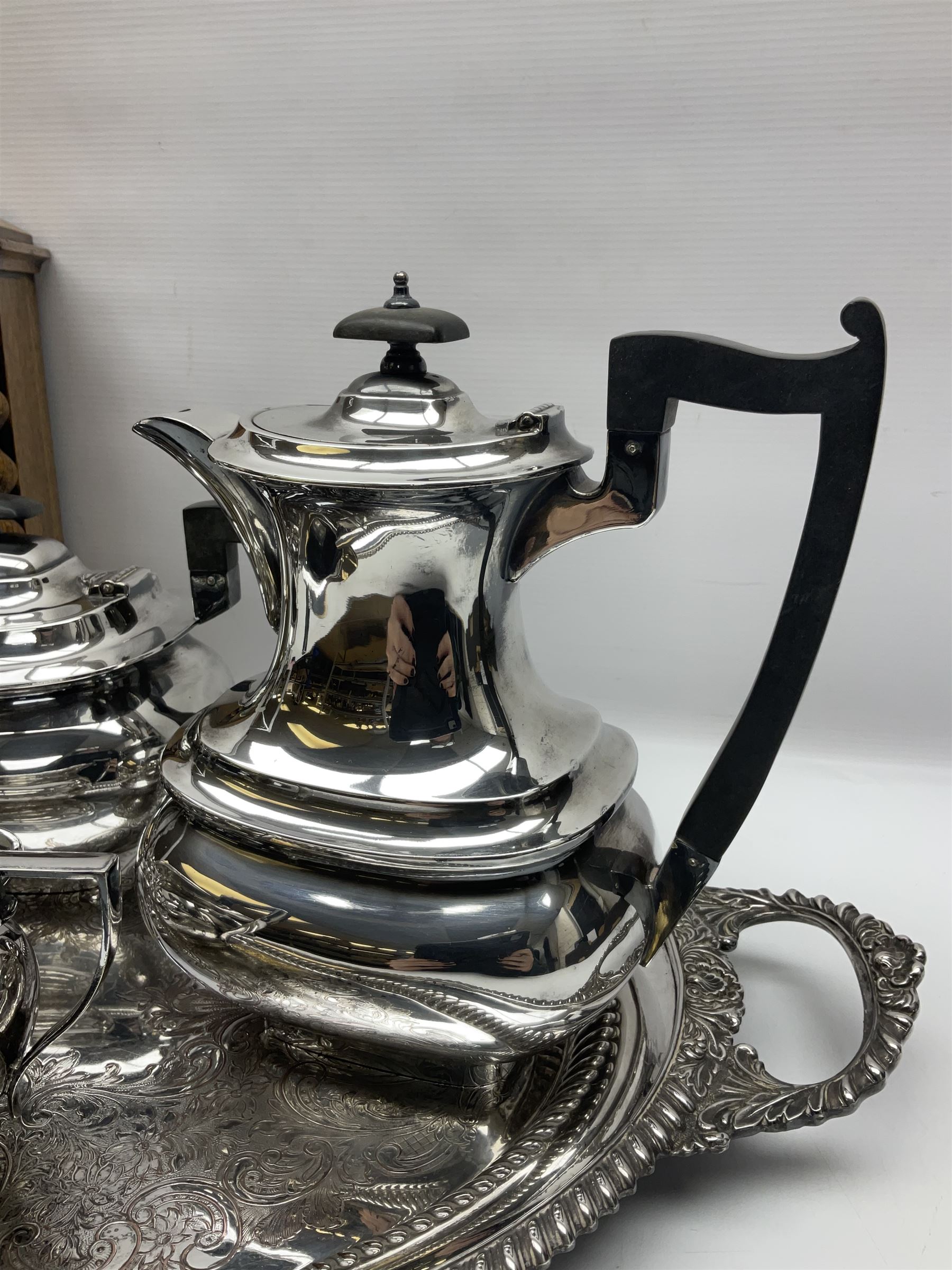 Walker and Hall silver plated tea set, comprising coffee pot, teapot, milk jug and sucrier, together with silver plated tray and a wooden clock with barley twist decoration, clock H28cm