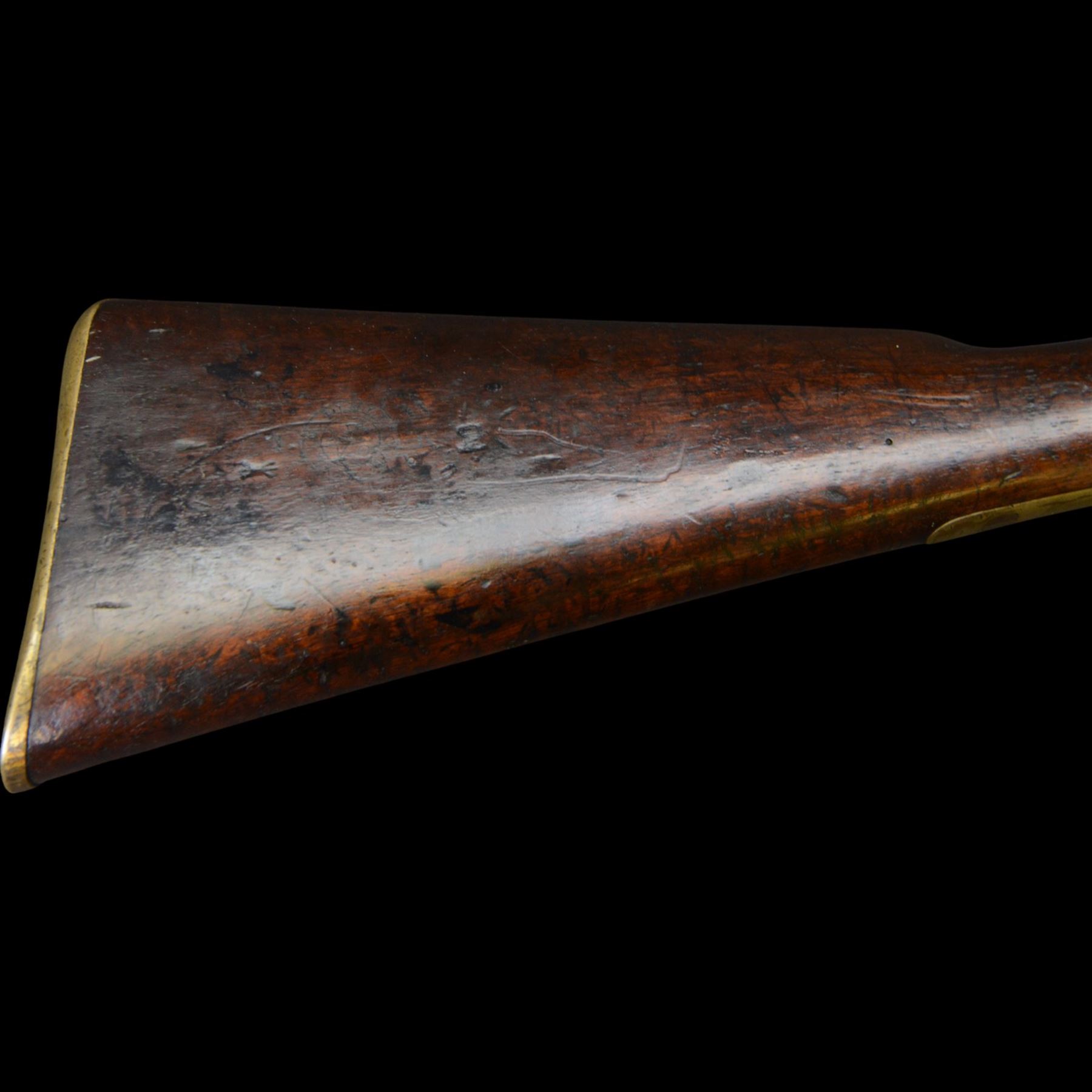 19th century Enfield percussion rifle, the 99cm barrel with three barrel bands, fore sight and rear sight, ramrod under, full walnut stock with brass butt, carrying sling brackets, action marked '1855 Tower' with Victoria cypher, overall L138cm