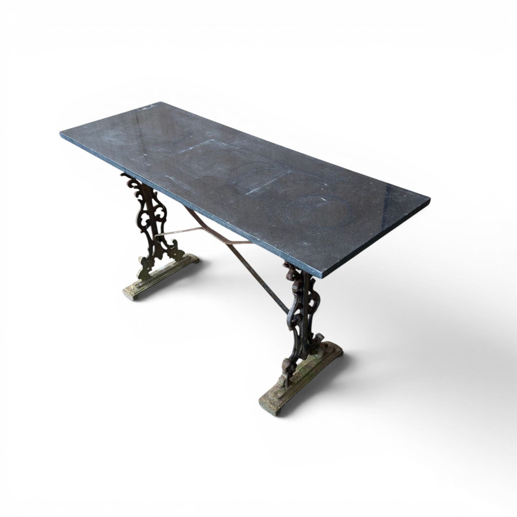 Edwardian ornate cast iron garden table, later rectangular granite top