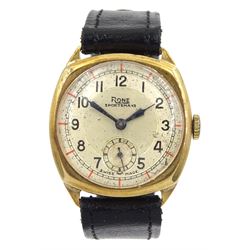 Raich Carter - Rone Sportsmans gent's 9ct gold cased manual wind wrist-watch, the silvered dial with Arabic numerals and subsidiary seconds dial, leather strap. Provenance: By direct descent from the family of Raich Carter having been consigned by his daughter Jane Carter.