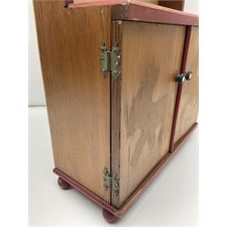 Miniature pitch pine Welsh dresser with open plate rack over two cupboard doors, displayed with Ridgways Humphrey's Clock pattern and other doll's blue/white tea ware, copper kettles and pan etc W41cm H72cm