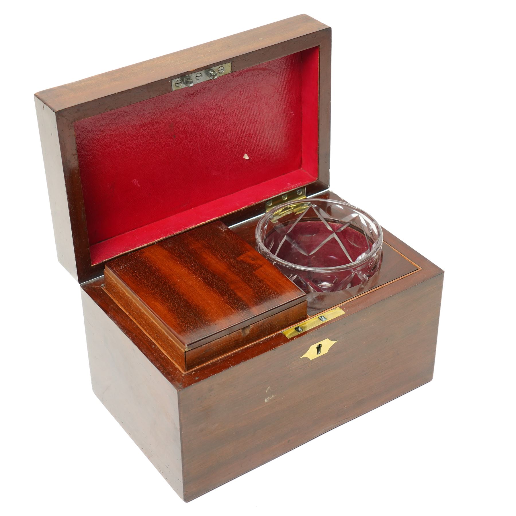 19th century mahogany tea caddy with covered interior and glass bowl, countersunk brass handle W23cm and a crossbanded mahogany sewing box (2)