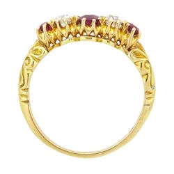 Early 20th century 18ct gold ruby and diamond five stone ring, three oval and round cut rubies, spaced by two old cut diamonds, stamped 18, total ruby weight approx 0.55 carat, total diamond weight approx 0.30 carat
