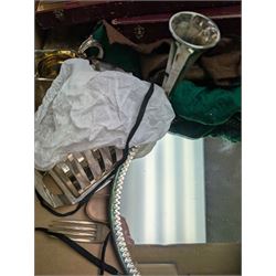 Collection of silver plated items and glassware, including cased cutlery, carnival glass, decanters, teapot, trays, etc