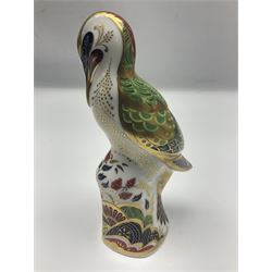 Royal Crown Derby paperweight, Green Woodpecker, with gold stopper and printed mark beneath, with original box 