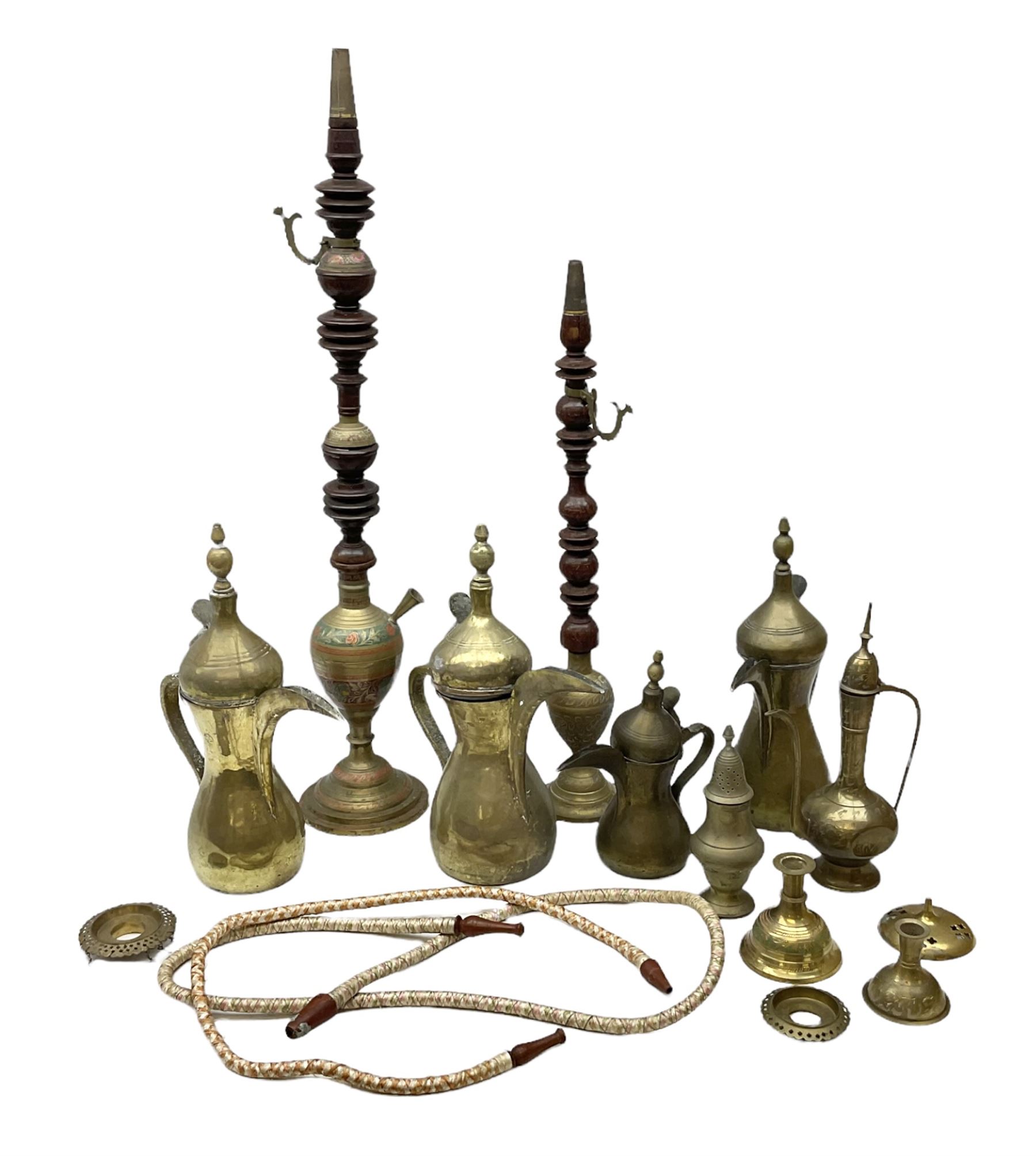 Two brass hookah pipes, and quantity of brass Arabic Dallah coffee pots and other brassware