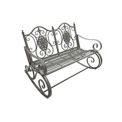 Regency design wrought metal rocking garden two seat, pierced back with scroll design over strap seat, with C-scroll back supports, in antique grey finish
