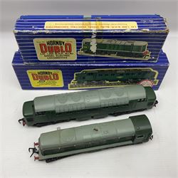 Hornby Dublo - three-rail - Deltic Type Diesel Co-Co locomotive with instructions and guarantee; and Class 20 1000 B.H.P. Bo-Bo Diesel Electric locomotive No.D8000; both in BR green; and each in original blue striped box (2)

