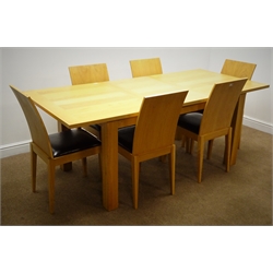  Light oak extending dining table, square supports (W120cm, H75cm, D90cm and six curved back chairs, upholstered seats (W39cm)  