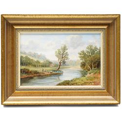 Edwin Buttery (British 1839-1908): Landscapes with Figures along the River Bank, set of three oils on panel signed 12cm x 18cm (3)