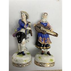 Group of continental figures to include pair of gentleman and lady music players, with blue R 1762 mark to base,  pair of gentleman and lady with birds, and pair of vases, largest H15cm