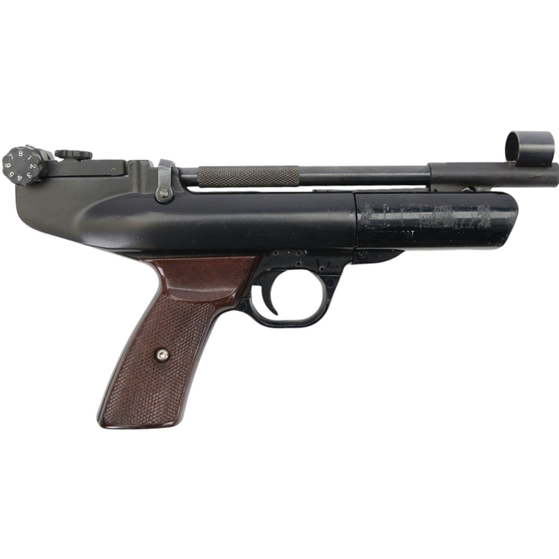 Webley Typhoon .22 air pistol, the chamber marked 'Typhoon' and 'Webley & Scott Ltd. Birmingham England' beneath, with front hooded sight and brown checkered grip, H16cm, L28cm