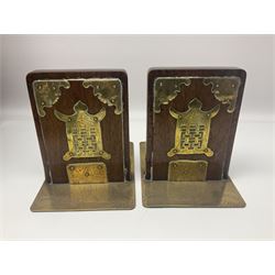 Pair of Chinese wooden brass mounted bookends, engraved with dragon decoration, together with a wooden table top cabinet and a collection of Chinese blue and white ginger jars, cabinet H41.5cm