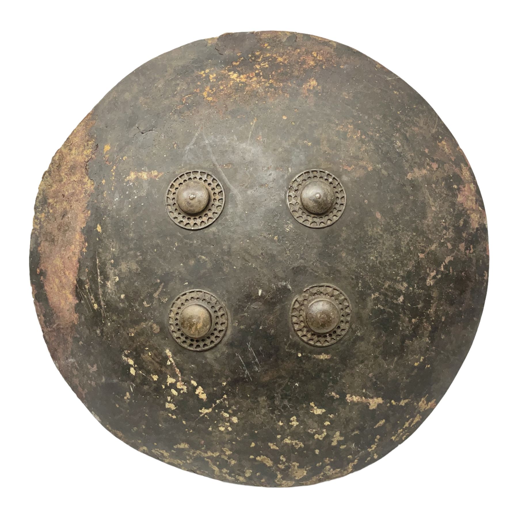 Indian black lacquered hide shield/dhal, of circular convex form fitted at its centre with four pierced iron bosses, each of hemispherical form with wide brims, the bosses corresponding on the inside with four iron rings for enarmes D53.5cm