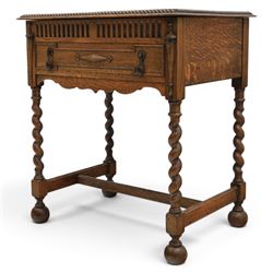 Early 20th century oak cased canteen on barleytwist stand, hinged top with fitted baized lined interior, above a drawer fitted for cutlery