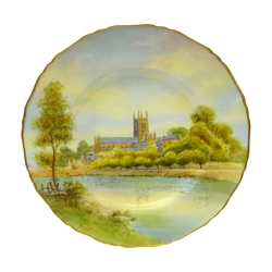  20th century Royal Worcester shaped plate, hand painted with Worcester Cathedral, signed Roberts, D27.5cm   