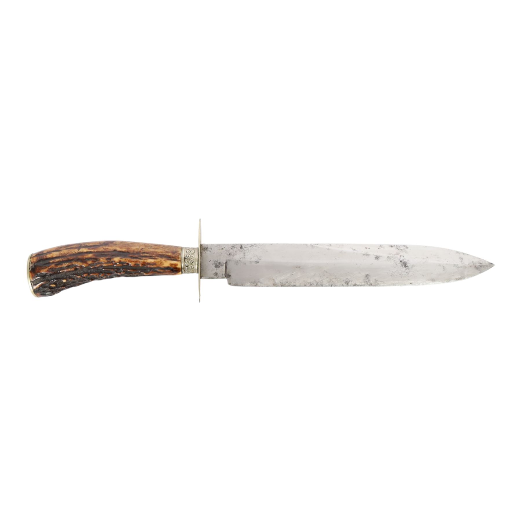 Unwin & Rodgers horn handle Bowie knife with leather scabbard, L33cm  