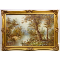  Rural Riverscape, 20th century oil on canvas signed I. Cafien 60cm x 90cm in gilt frame  