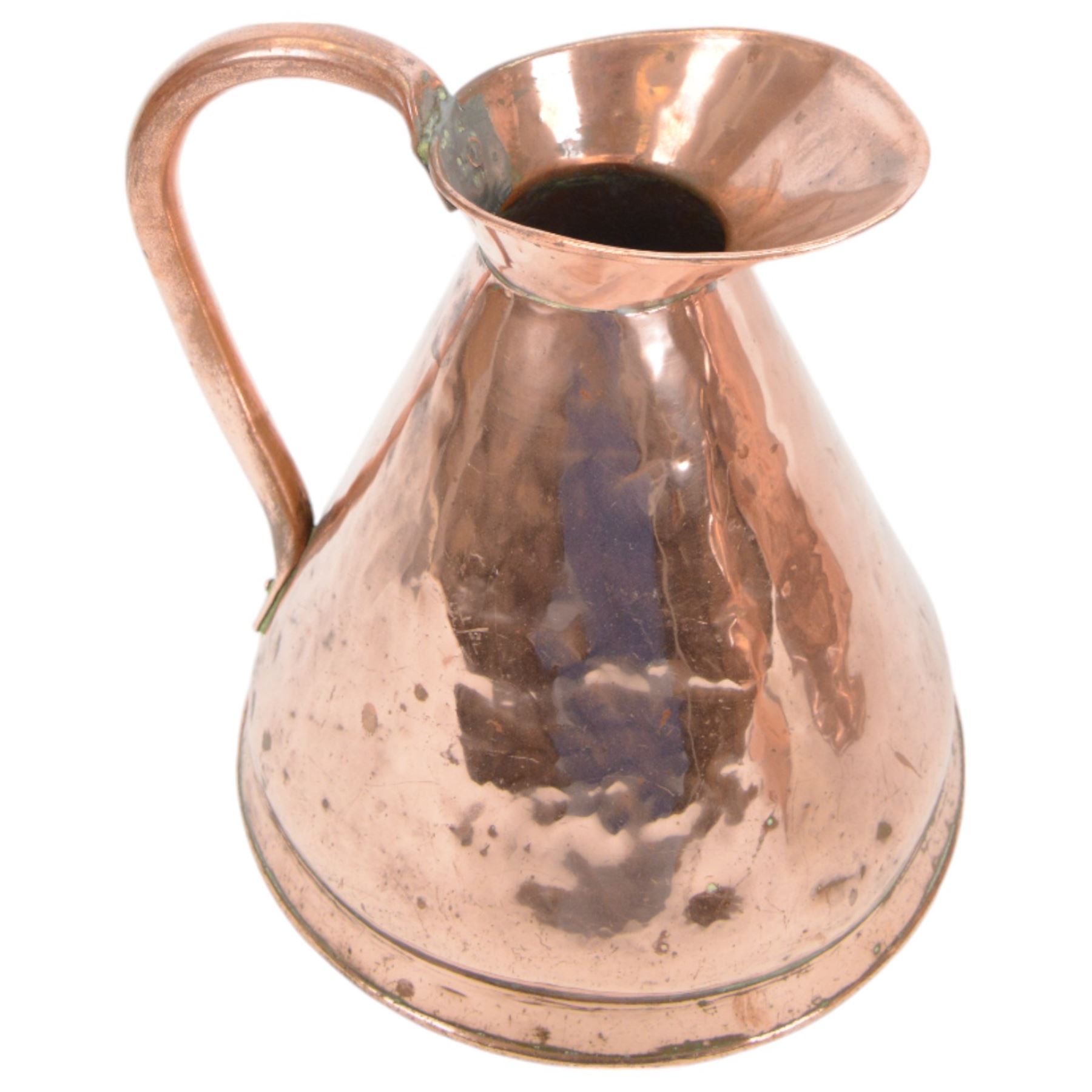 Helmet shaped copper coal scuttle with hammered finish, copper jug and a Guernsey style copper milk jug with lid, together with a small four legged wooden stool with elm seat, not including handle scuttle H32cm