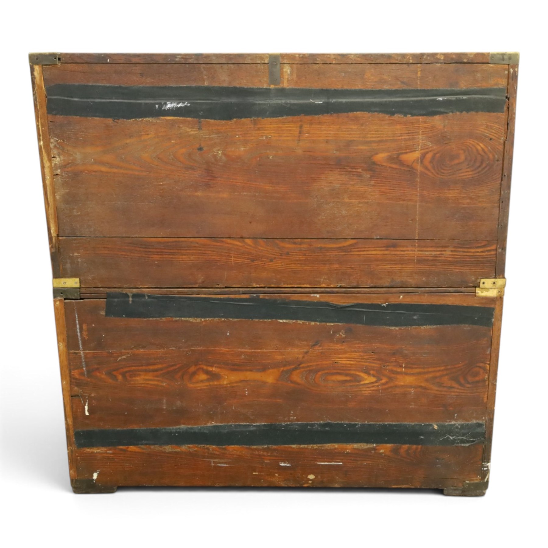 19th century brass bound mahogany campaign chest, with brass bound corners and edges, recessed brass handles, the upper section with two short over one long drawer, the lower section with two long drawers