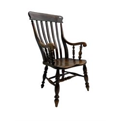 Late 19th century elm farmhouse armchair, high lath back raised on turned supports united by stretcher