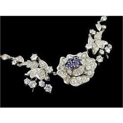Silver synthetic sapphire and white paste stone set flower necklace, brooch and matching pair of earrings, stamped sterling
