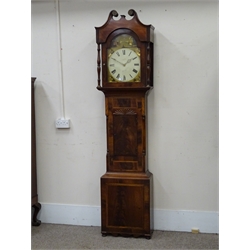  19th century crossbanded mahogany longcase clock with arched painted Roman dial signed Bowes Helmsley, 30hr movement hour striking on a bell,    