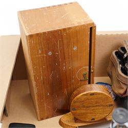 Aircraft clock in oak case, two microscopes and slides, opera glasses, two micrometers, cases of drawing instruments, box of named semi precious stone eggs etc