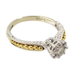 18ct white gold single stone diamond ring, with yellow gold bead design shoulders, London 1979, diamond approx 0.15 carat