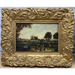 A Shafie B (Continental 19th/20th century) after Canaletto (Italian 1697-1768): 'Eton College' and Bridge Landscape with Figures and Gondolier, pair oils on panel signed 16cm x 24cm (2)
