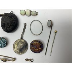 Victorian and later costume jewellery, including 'In Memory Of' mourning pendant, pair of stone set earrings, opal brooch, stick pins, etc 