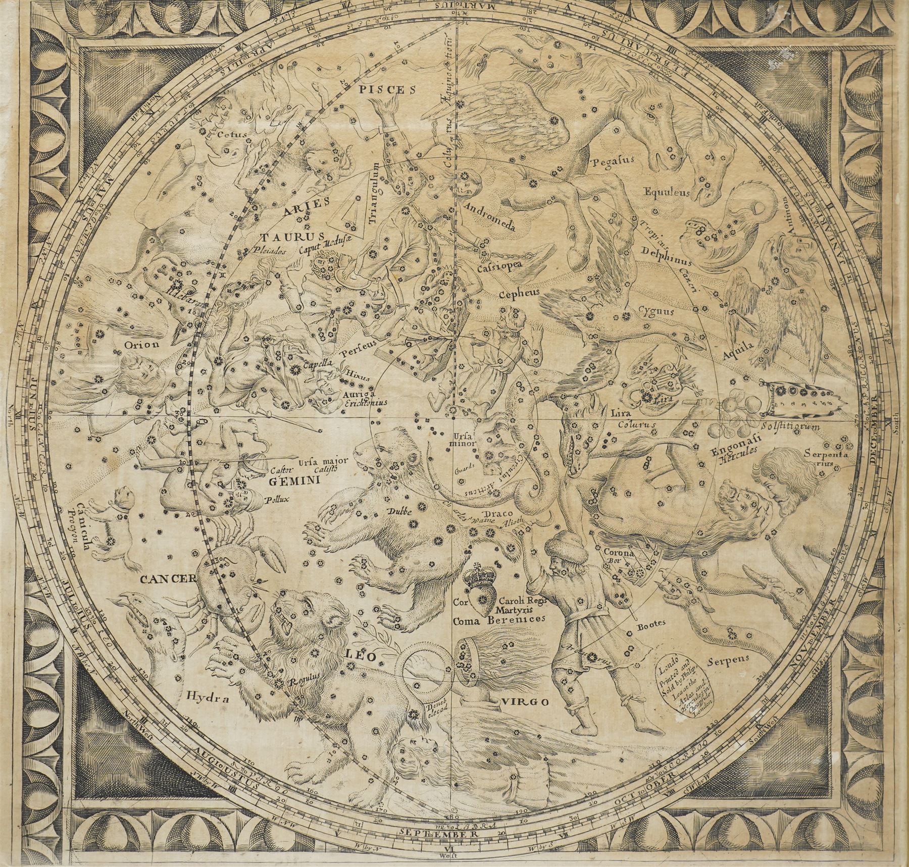 Philip Lea (British fl.1683-1700): Cellarius of the Southern Hemisphere with Constellations, 17th century engraved map or celestial chart pub. Atlas and Hercules, Cheapside, London 40cm x 40cm