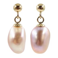 Pair of 9ct gold pink pearl pendant stud earrings, stamped 375 
