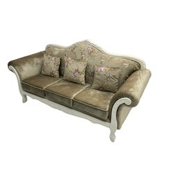 French style white finish three seat sofa, upholstered in grey fabric with scrolling floral pattern, the frame decorated with leaf motifs 