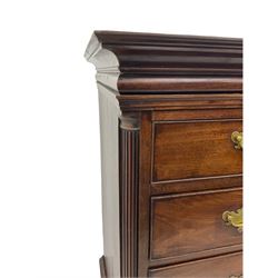George III mahogany chest on chest, projecting cornice over cushion frieze, two short and three long graduated cock beaded drawers enclosed by quarter round fluted pilasters, three drawers under, raised on bracket supports W111cm, H169cm, D58cm
