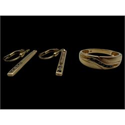 9ct gold stone set cross over ring and a pair of 9ct gold pendant earrings