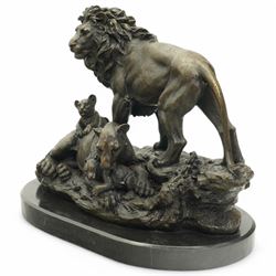 After Barye - Bronzed big cat family group of lion, lioness and two cubs on oval marble base 31cm x 36cm