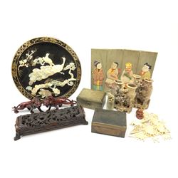 A group of assorted Oriental collectables, to include pair of carved soapstone bud vases, papier mache plaque of circular form decorated with phoenix and blossoming branches in mother of pearl, D30cm, a composite box, the pierced cover decorated with dragons, L27cm, Chinese brass box, etc.