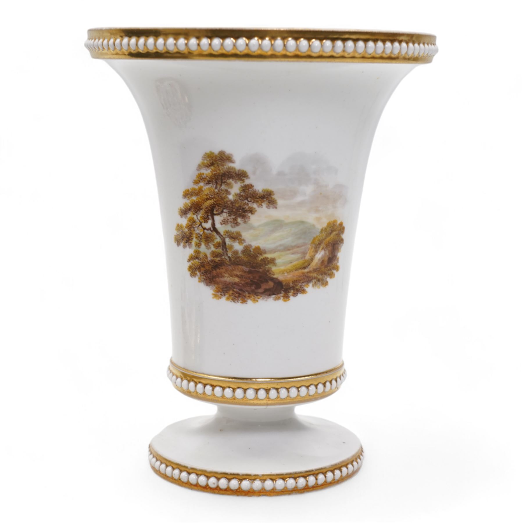 Early 19th century Spode spill vase, of cylindrical form with flared rim, hand painted with a Green Woodpecker perched on a branch, within beaded borders, titled beneath, H16cm, together with a Spode chocolate cup turnover rim stand, decorated in the imari pattern, no. 2630, painted marks beneath, D14cm (2)