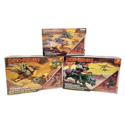 Three Tyco Dino-Riders by Action GT playsets - Pteranodon with Rasp Evil Rulon Warrior; Monoclonius with Mako Evil Rulon Warrior; and Placerias with Skate Evil Rulon Warrior; all boxed (3)