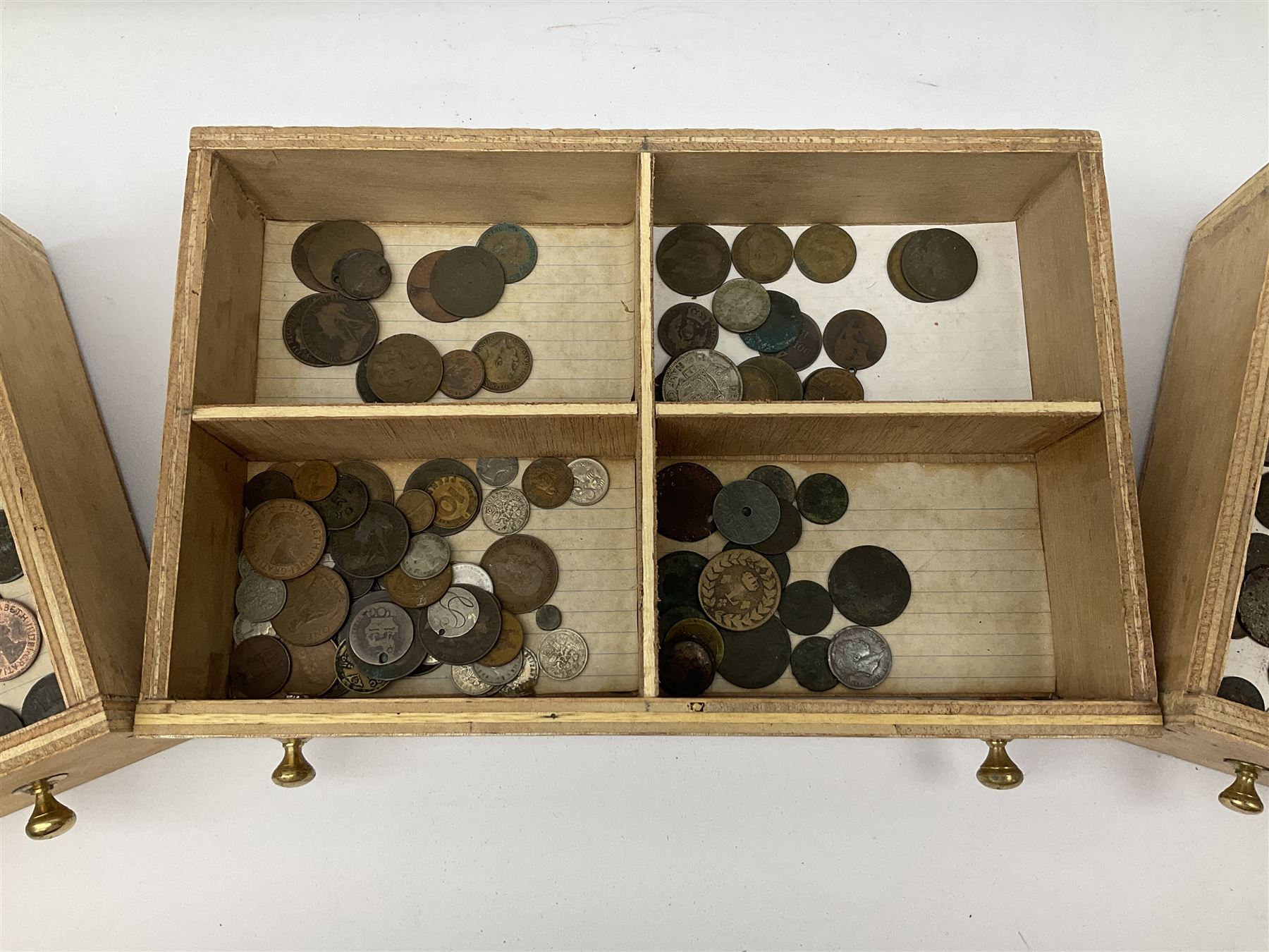 Three drawer collectors cabinet with fall front containing various Great British and World coins including GB pre-decimal coins, King George III 1806 penny, cartwheel pennies etc