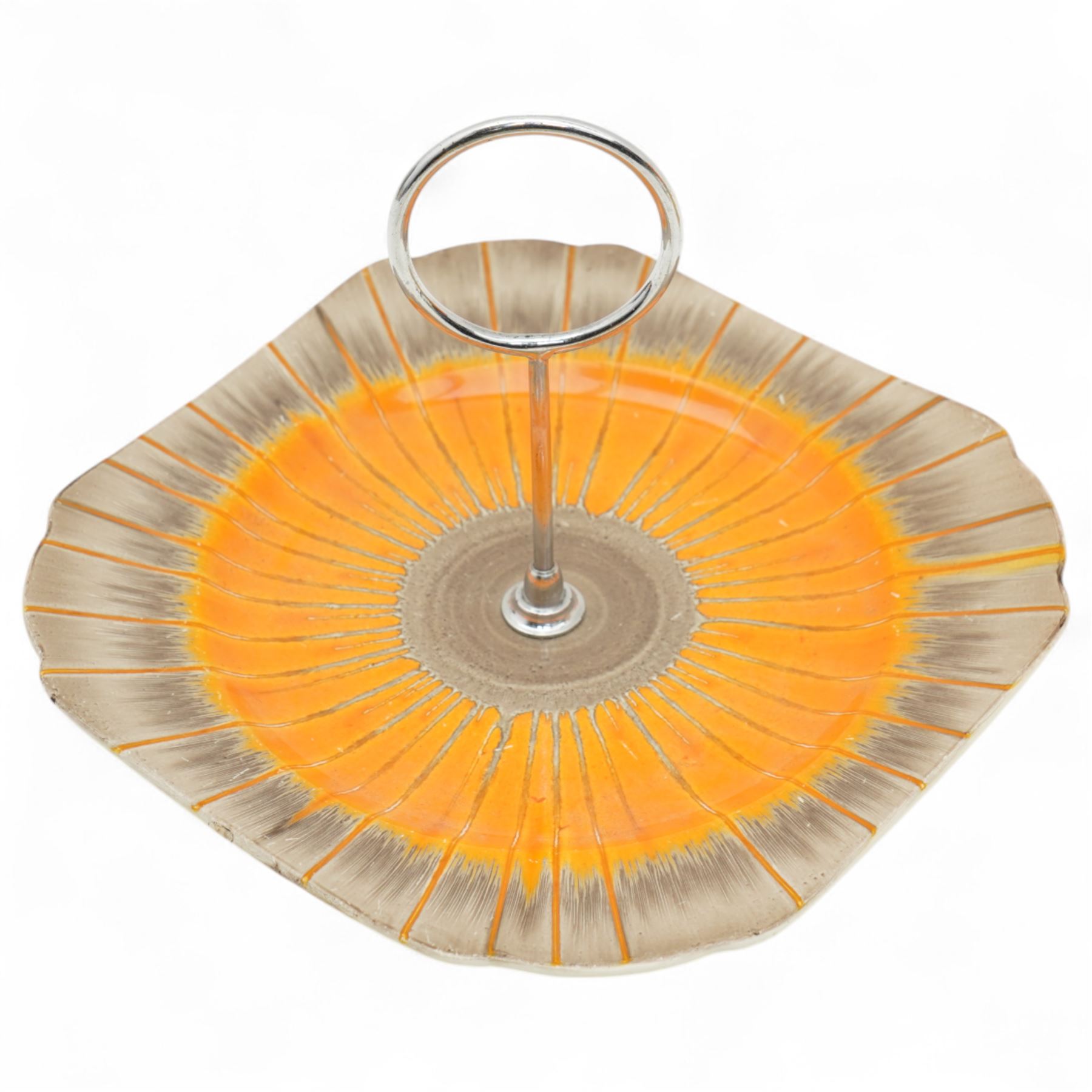 Collection of Shelly Harmony Drip wares, including conical form volcano vase, cake stand, raised bowl and squat vase, in shades of brown orange and green, volcano vase H21cm (4)
