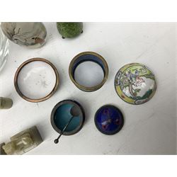 Krosno glass decanter with etched floral decoration, snuff bottles to include oriental glass examples, cloisonné matchbox cover, napkin ring and other examples