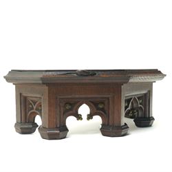 Mouseman - circa 1930s oak wedge shaped six sided plinth, of gothic design with carved berries and columnar supports, with carved mouse signature, by Robert Thompson of Kilburn