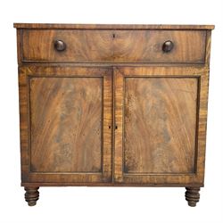 19th century mahogany secretaire chest, the cock-beaded fall-front drawer revealing baize writing surface and pigeonholes, over double panelled cupboard enclosing single shelf, on turned feet