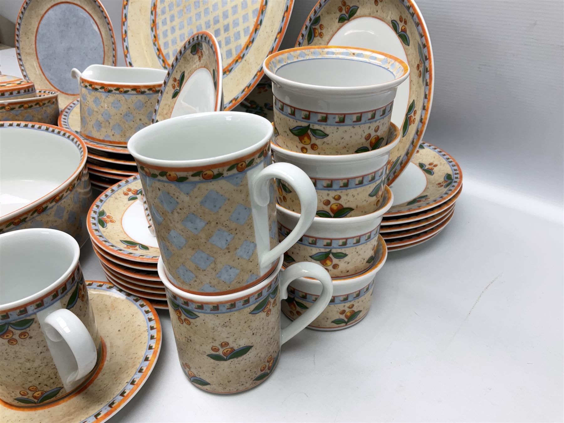 Villeroy & Boch Gallo design Switch 4 Naranja & Nazare pattern tea and dinner wares, to include seven dinner plates, twin handled lidded tureen, five mugs, four saucers, jug, lidded sucrier, large bowl,  seven ramekins, various side plates, two bowls etc