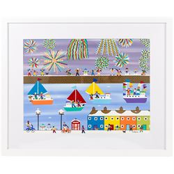 Gordon Barker (British 1960-): 'Seaside Celebrations in the Snow', acrylic and pen signed, titled verso 29cm x 39cm