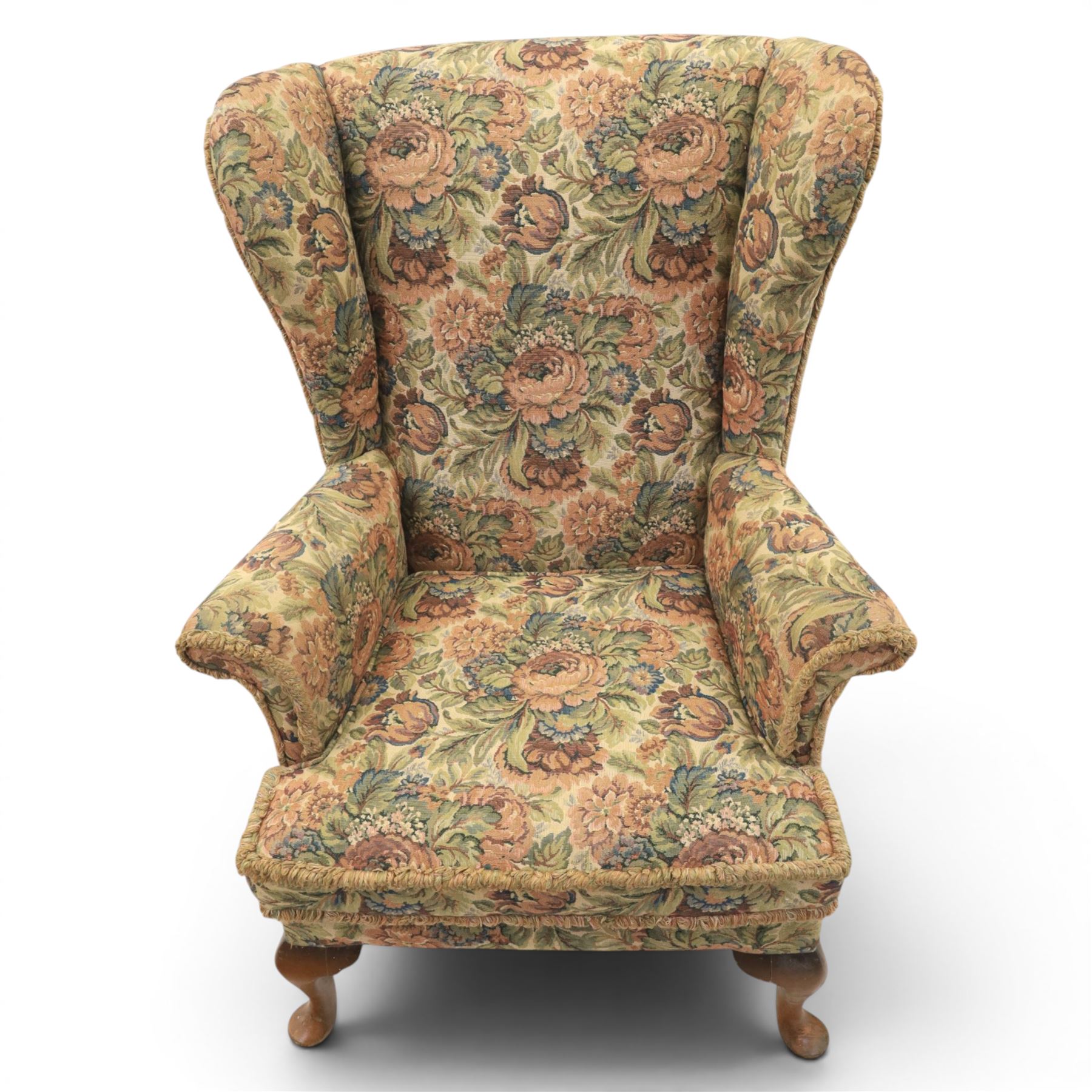 Parker Knoll - pair of mid-20th century wing back armchairs, upholstered in tapestry fabric, raised on cabriole legs